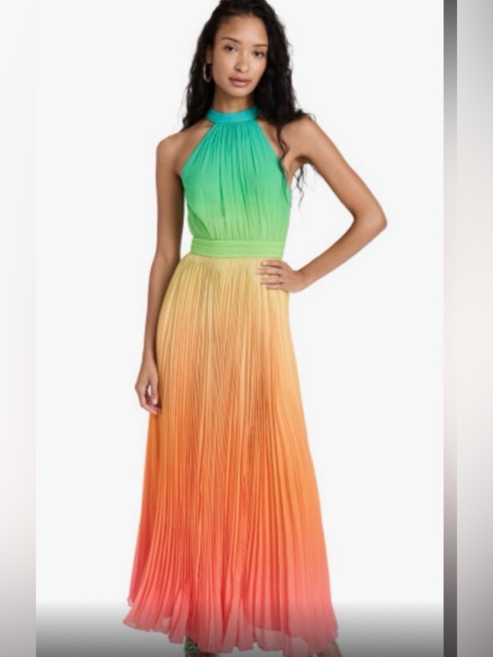 Rococo Sand Green-to-Coral Ombre Halter Maxi Dress Gown